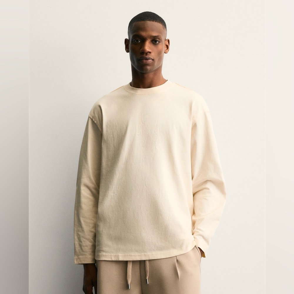 Zara Men's Oversized Beige Long Sleeve Tee